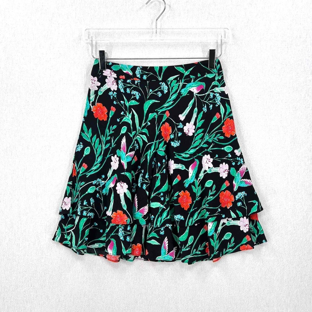 KATE SPADE Mini Skirt Women 2 Black Floral Jardin Scenic Route Tiered Ruffle - Picture 3 of 15
